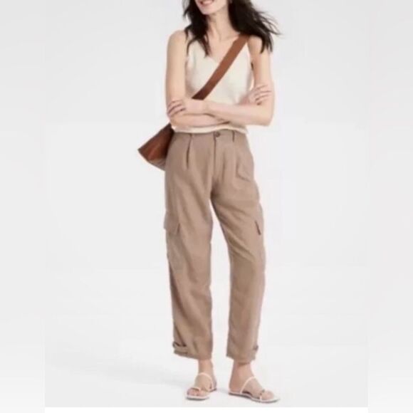 A New Day Linen Blend Straight Leg Cargo Pants in Tan - Size 2 - Picture 1 of 7